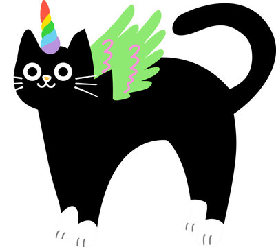 Playful Black Tuxedo Caticorn Arching Back Vector Illustration with Green Wings