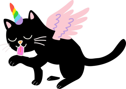 Cute Black Caticorn Licking Paw Vector Illustration with Rainbow Horn and Pink Wings