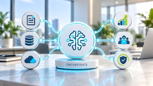 Digital brain icon orchestrating workflow with connected business and technology icons automation concept