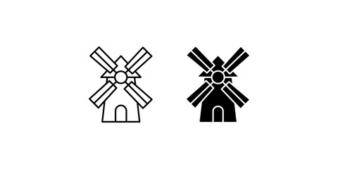 Windmill farmhouse line and solid icons for rural landscape or energy themes. © Saba