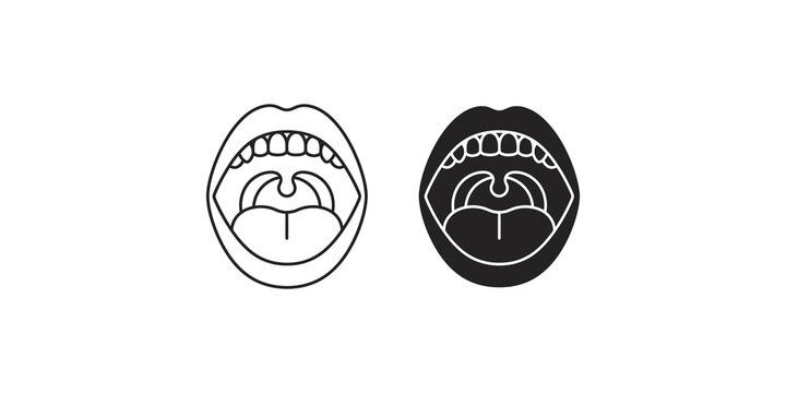 Medical throat anatomy line and solid icons showing tonsils and mouth for health diagnostics.
