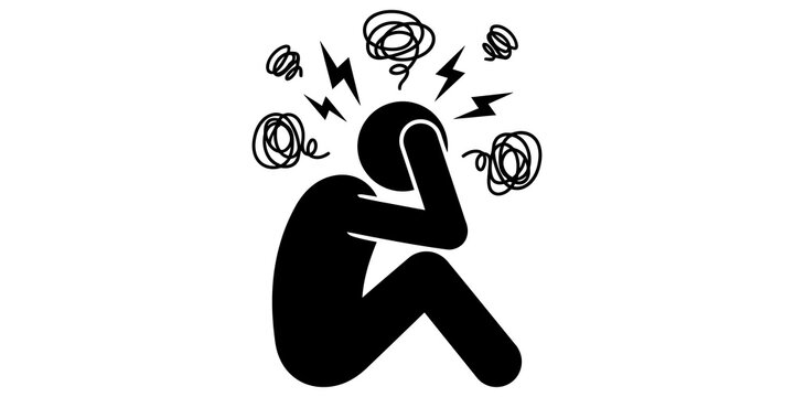 Depressed person sitting in fetal position icon representing mental health issues and stress.