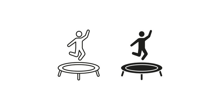 Person jumping on trampoline linear and solid black icons for fitness recreation and active lifestyle branding.