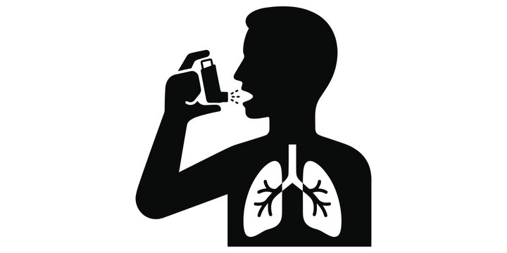 Asthma patient using medical inhaler with lungs silhouette graphic.