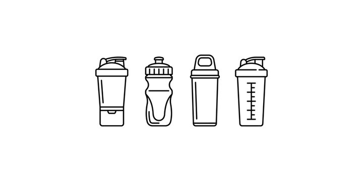 Set of sports shaker bottles and fitness containers outlined for supplement and workout nutrition products.