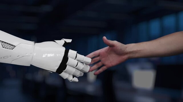 A robot hand reaches towards a digital display highlighting agile development, symbolizing the intersection of technology and innovative methodologies in modern business. Synapse
