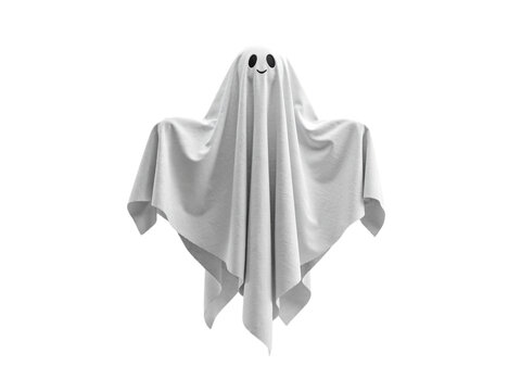 Friendly white ghost costume with smiling isolated on transparent background