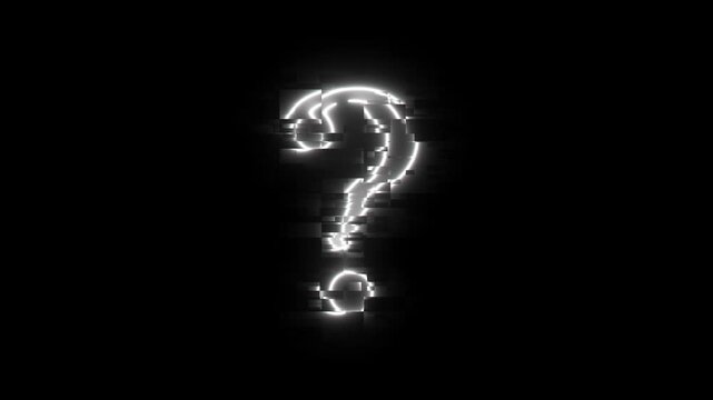 Neon white question marks with glitch animation on black background