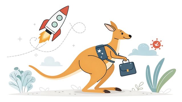 Kangaroo wearing a backpack and holding a briefcase with a rocket ship launching in the sky kangaroo briefcase backpack business