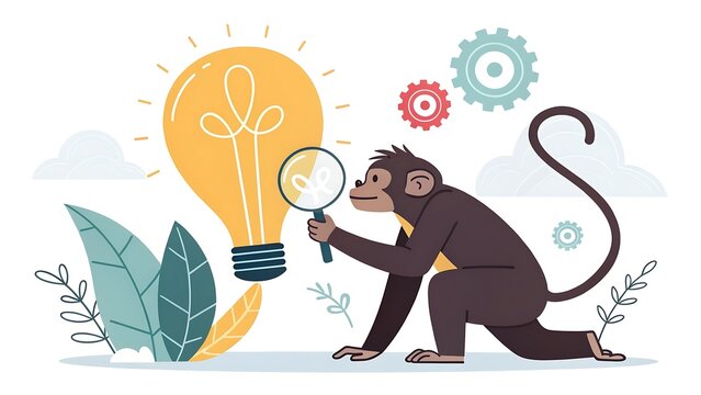 Monkey using a magnifying glass to inspect a giant light bulb idea with innovation discovery research creativity thinking inspection