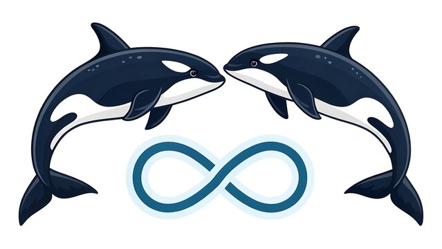 Two killer whales swimming towards each other with an infinity symbol between them representing eternal connection killer whale wildlife