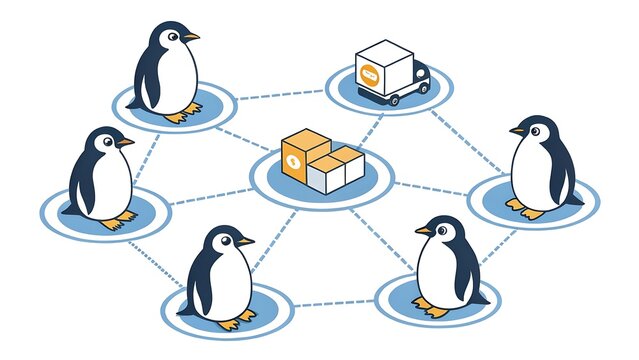 Network of cartoon penguins delivering cargo packages with supply chain delivery truck shipping service logistics management data flow