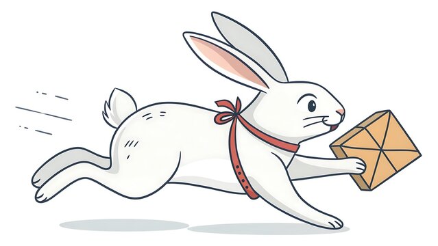 A white rabbit running quickly while carrying a flat square parcel with a red ribbon white bunny fast rabbit gift box animal character
