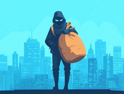 Silhouette of a hooded figure holding a sack in a cityscape.