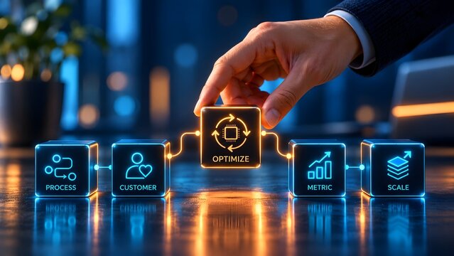 Hand connecting glowing optimize block with process customer metric and scale blocks representing business optimization and strategic planning.