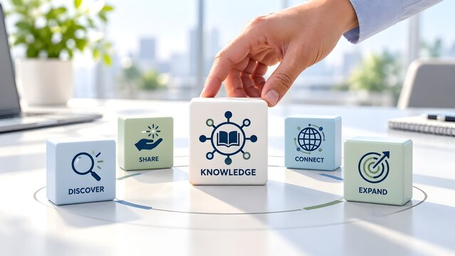 Hand placing knowledge block in center of discover share connect and expand blocks representing corporate learning network and information strategy.