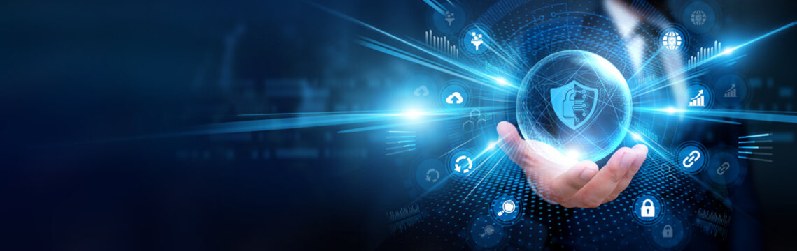 Businessman holding cybersecurity and global protection, analyzing digital threats, monitoring network security, protecting business data, improving enterprise cyber defense