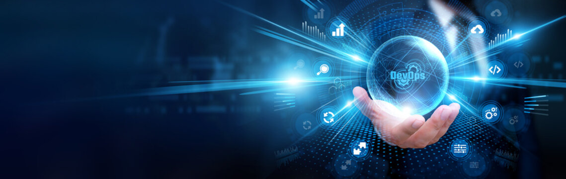 Businessman holding DevOps and global technology, analyzing software data, monitoring development processes, optimizing deployment workflows, improving digital performance