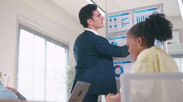 Business team discussing financial charts and data on a digital tablet during a meeting in a modern office corporate strategy, and teamwork.