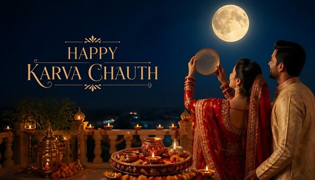 Couple celebrating karva chauth under the full moon light with festival tradition marriage