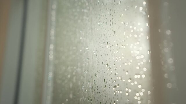 Rain Droplet Covered Glass Window With Blur Bokeh Light, Home Interior Calm Scene, Wet Texture For Senior Wellness And Peaceful Elder Care Living Space