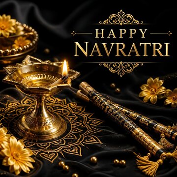 Lit brass diya lamp with danda sticks on dark decorative background for happy navratri