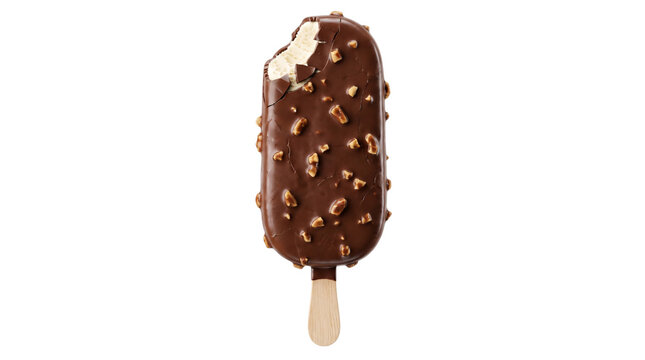Chocolate covered ice cream bar with nuts isolated on transparent background
