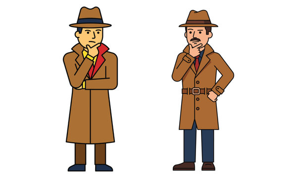 Vector illustration of two detective characters in trench coats and fedoras in thinking pose for mystery investigation