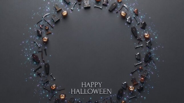 Spooky Halloween concept with glowing jack o lanterns ghosts coffins gravestones bones and scythes arranged in a circular wreath frame on dark background