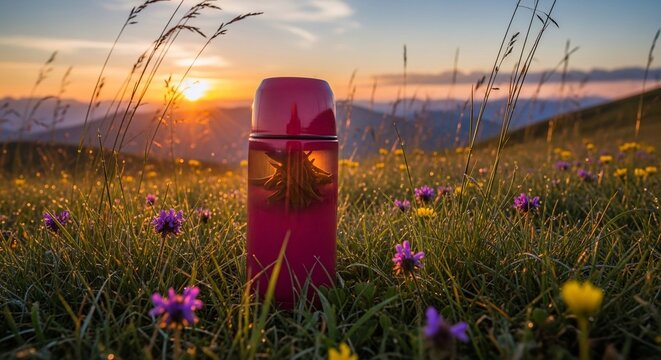 山頂の朝、野花と夕陽に染まる水筒