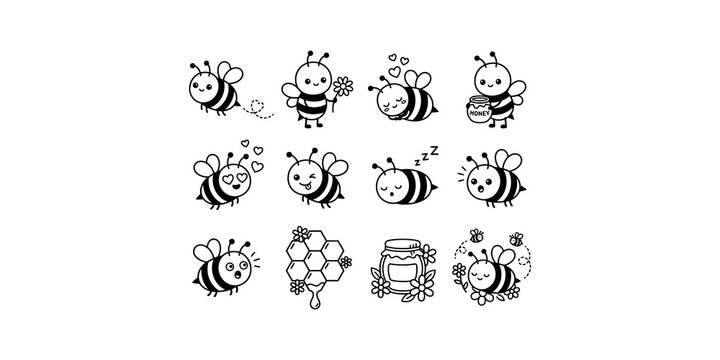 Cute cartoon honey bee characters set featuring black and yellow striped insects for kids decor and sticker projects.