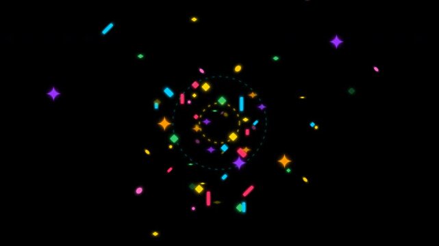 abstract particle explosion with colorful confetti burst on dark background for celebration motion graphics overlay