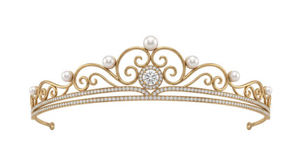Delicate gold tiara with pearls and diamonds isolated on transparent background © PNG Studio 99