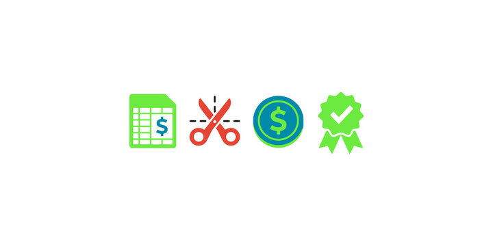 Collection of financial icons including financial statement coupon dollar sign and quality award for business usage.