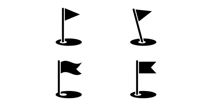 Four distinct golf hole flag icons in solid black silhouette for sports tournament maps and game interface design.