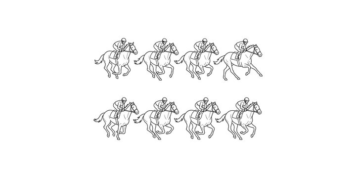 Black outline running horses with jockeys set on transparent background for equestrian race graphic design projects.