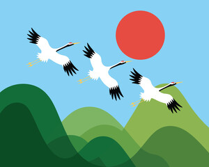 Obraz premium Flat vector illustration of three redcrowned cranes flying over layered green hills with a rising red sun