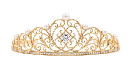 Elaborate gold tiara with pearls and diamonds isolated on transparent background © PNG Studio 99