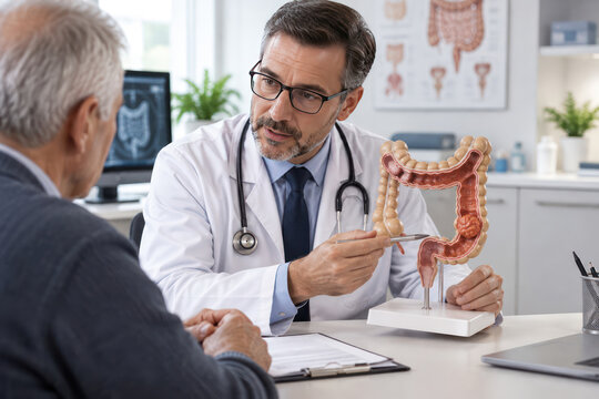 Gastroenterologist Explaining Colon Polyp and Colorectal Cancer Risk to Senior Patient