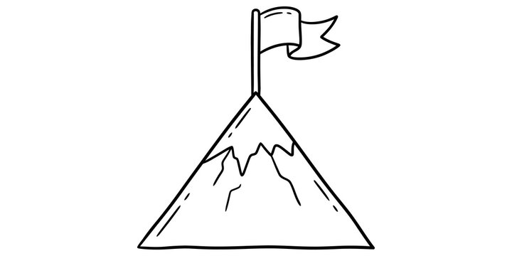 Black outline mountain peak with flag at summit representing achievement success business goal attainment concepts.