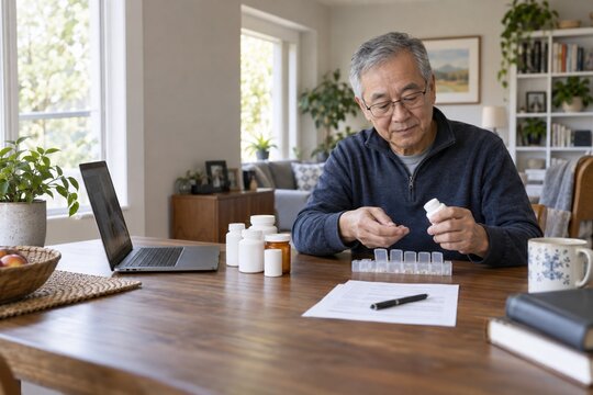 Older Asian man organizing multiple medicines beside a laptop at home