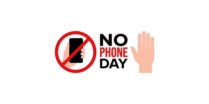 No phone day digital detox concept with hand hold restricted smartphone symbol and open palm stop gesture design.
