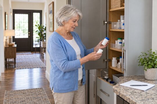 Older woman organizing multiple medicines in a home cabinet
