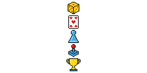 Pixel art set of game icons featuring dice card piece joystick and gold trophy for classic arcade entertainment uses. © Akash