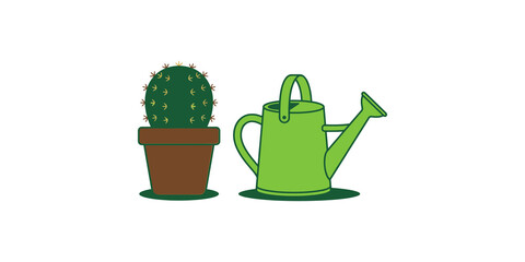 Green cactus in brown pot and lime watering can illustration for indoor gardening or plant care related graphic themes. © Akash