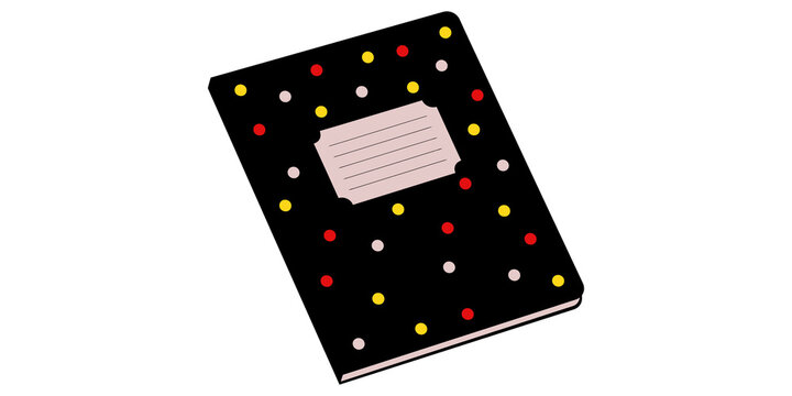 Black notebook cover with colorful polka dot pattern and blank label for organizing school work or daily personal logs.