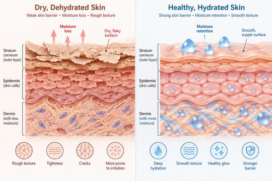 Dry Dehydrated Skin vs Healthy Hydrated Skin Barrier Comparison