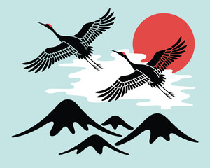 Obraz premium Two elegant redcrowned cranes flying over mountains with a large red sun in traditional japanese style illustration