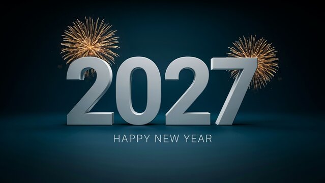 Bright glowing number two thousand twenty seven lettering celebrating upcoming new year holidays with golden fireworks display backdrop
