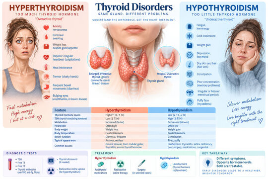Hyperthyroidism vs Hypothyroidism Symptoms and Thyroid Hormone Comparison
